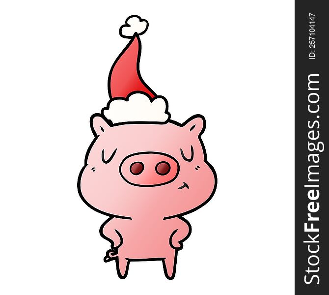 Gradient Cartoon Of A Content Pig Wearing Santa Hat
