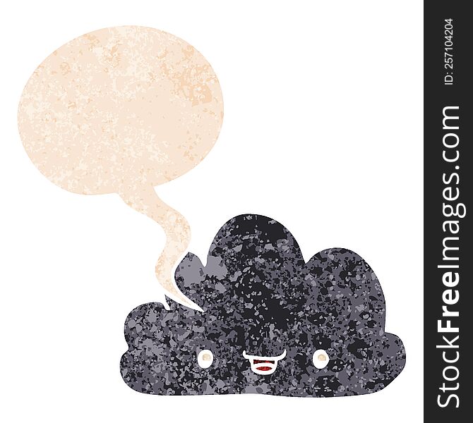 Cartoon Tiny Happy Cloud And Speech Bubble In Retro Textured Style
