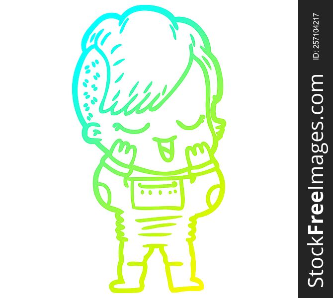 Cold Gradient Line Drawing Happy Cartoon Girl In Space Suit