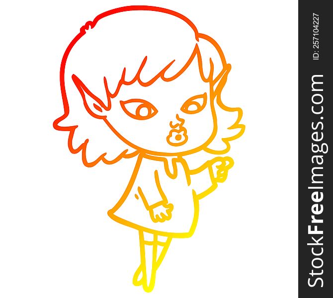 Warm Gradient Line Drawing Pointing Cartoon Elf Girl