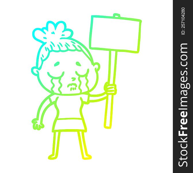 cold gradient line drawing of a cartoon crying woman with protest sign
