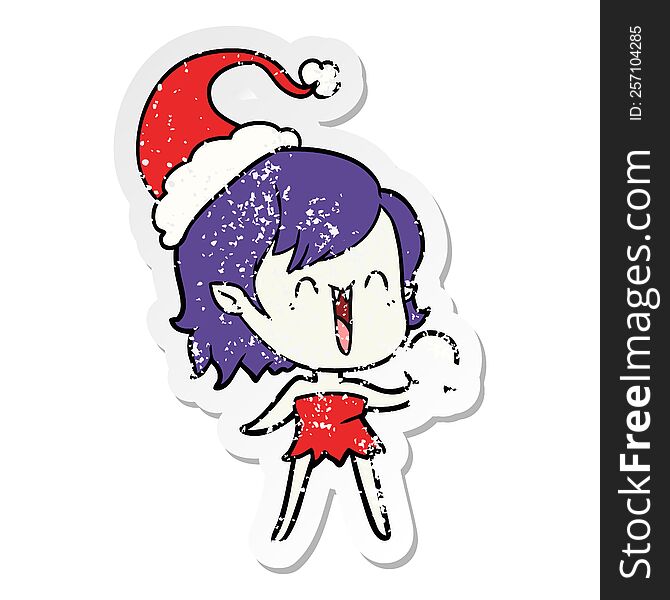 Cute Distressed Sticker Cartoon Of A Happy Vampire Girl Wearing Santa Hat