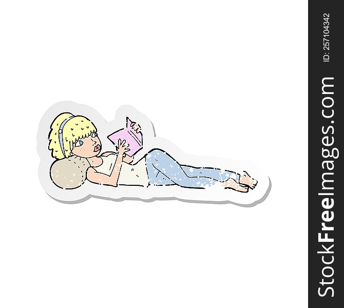 Retro Distressed Sticker Of A Cartoon Pretty Woman Reading Book