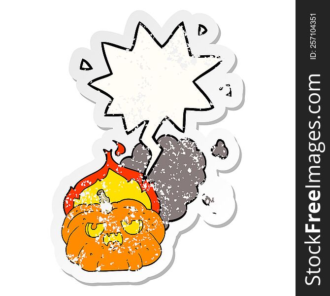 cartoon flaming halloween pumpkin with speech bubble distressed distressed old sticker. cartoon flaming halloween pumpkin with speech bubble distressed distressed old sticker