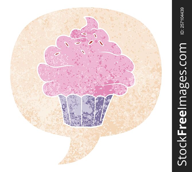 Cartoon Cupcake And Speech Bubble In Retro Textured Style