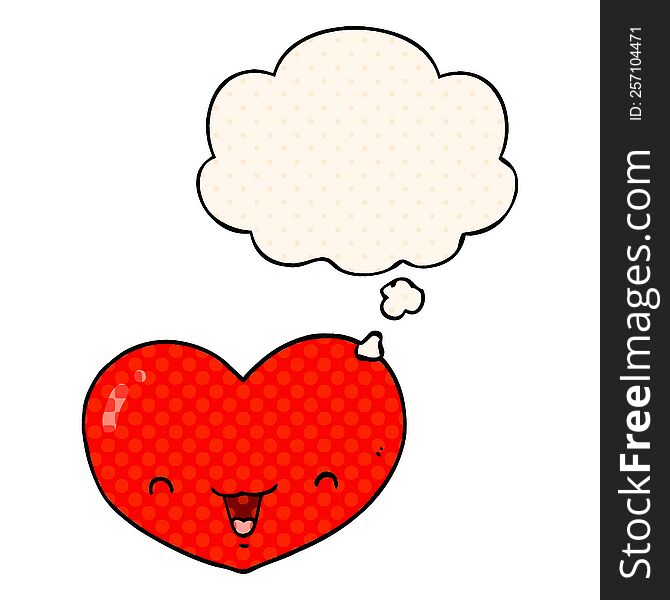 cartoon love heart character with thought bubble in comic book style