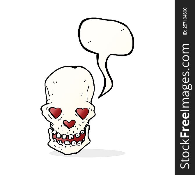 cartoon skull with love heart eyes with speech bubble