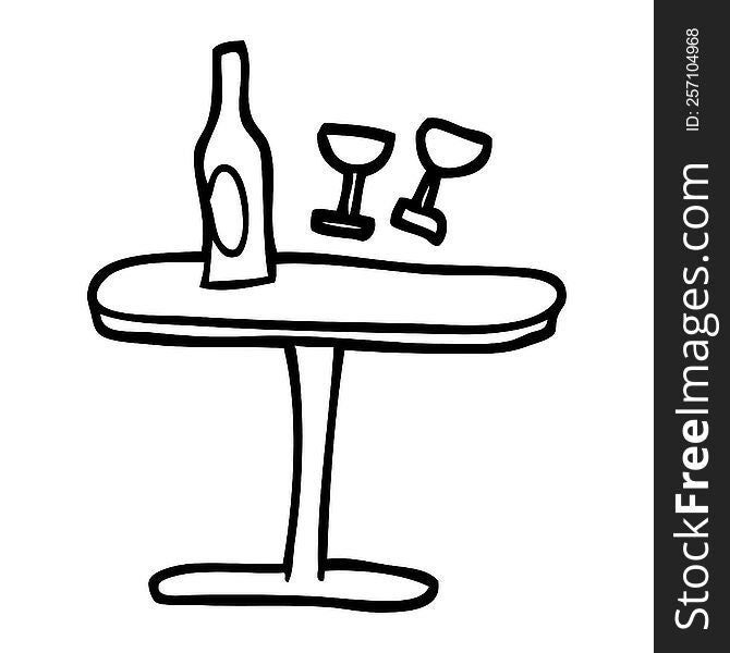 black and white cartoon table with bottle and glasses