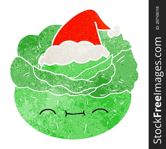 hand drawn retro cartoon of a cabbage wearing santa hat