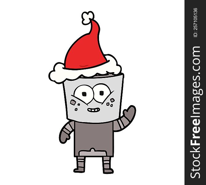 Happy Line Drawing Of A Robot Waving Hello Wearing Santa Hat