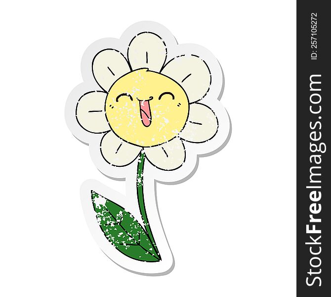 distressed sticker of a quirky hand drawn cartoon happy flower