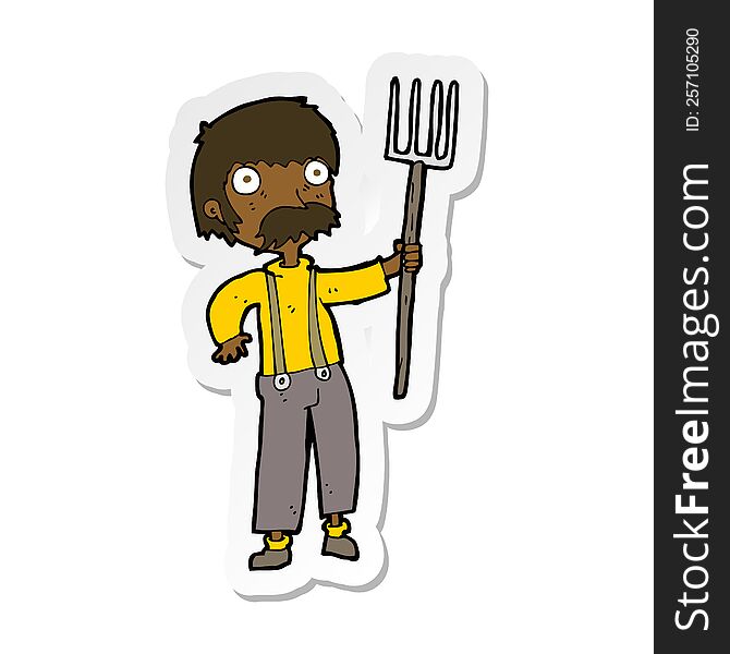 Sticker Of A Cartoon Farmer With Pitchfork