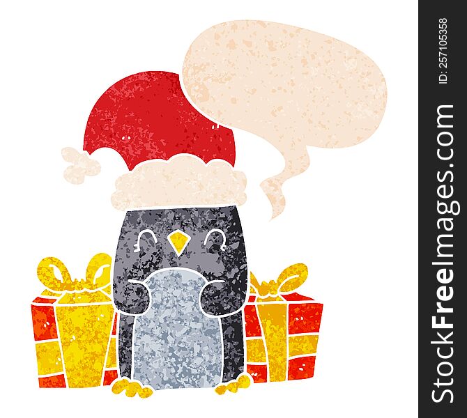 Cute Christmas Penguin And Speech Bubble In Retro Textured Style