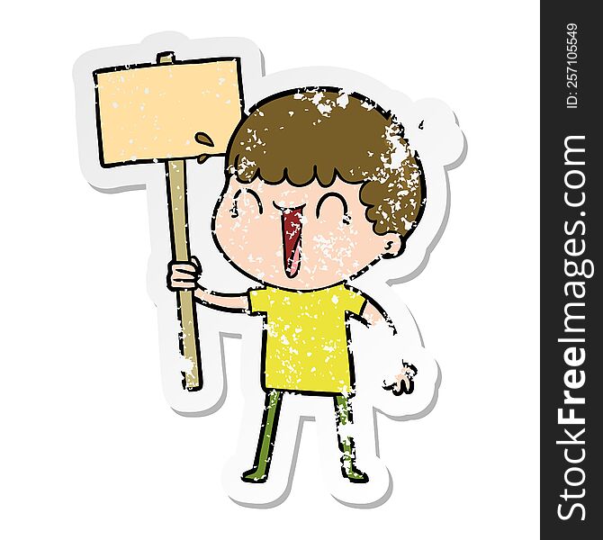 distressed sticker of a laughing cartoon man waving placard