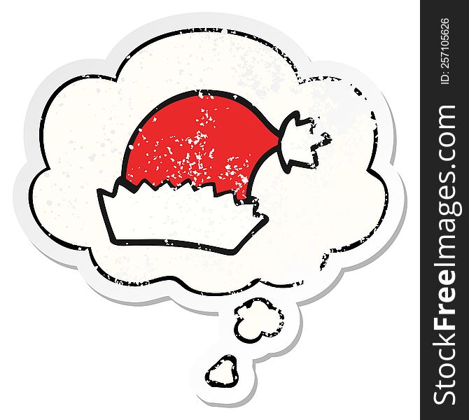 Cartoon Christmas Hat And Thought Bubble As A Distressed Worn Sticker