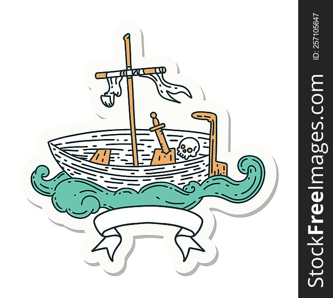 Sticker Of Tattoo Style Empty Boat With Skull