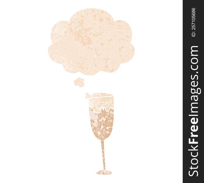 cartoon champagne glass and thought bubble in retro textured style