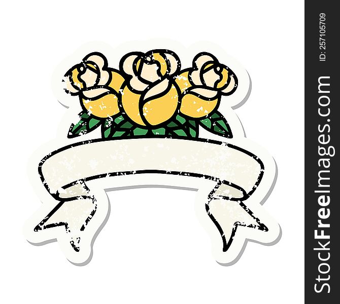 grunge sticker with banner of a bouquet of flowers