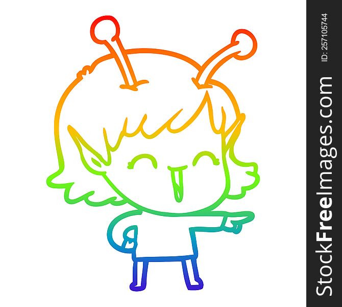 Rainbow Gradient Line Drawing Cartoon Alien Girl Laughing