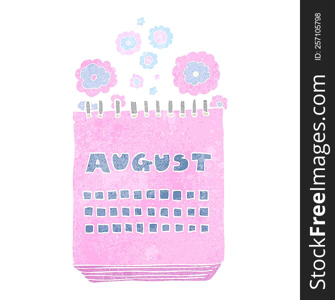 freehand retro cartoon calendar showing month of august
