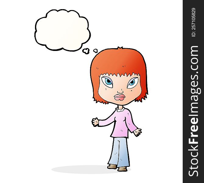 Cartoon Woman With Open Arms With Thought Bubble