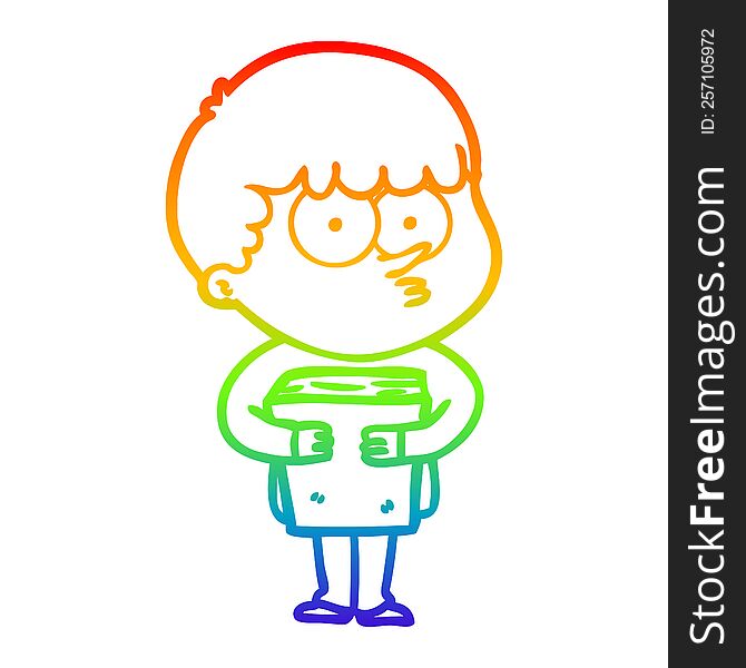rainbow gradient line drawing of a cartoon curious boy holding a book