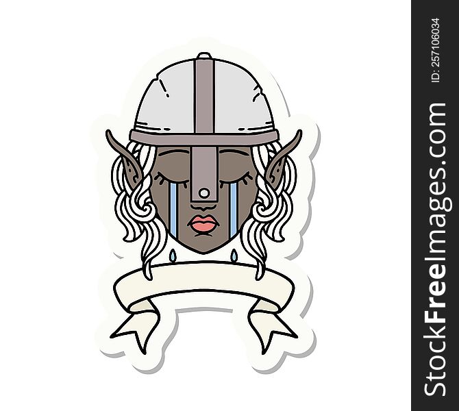 sticker of a crying elf fighter character face with banner. sticker of a crying elf fighter character face with banner