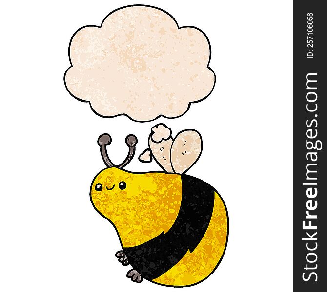 Cartoon Bee And Thought Bubble In Grunge Texture Pattern Style