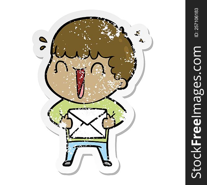 Distressed Sticker Of A Laughing Cartoon Man With Letter