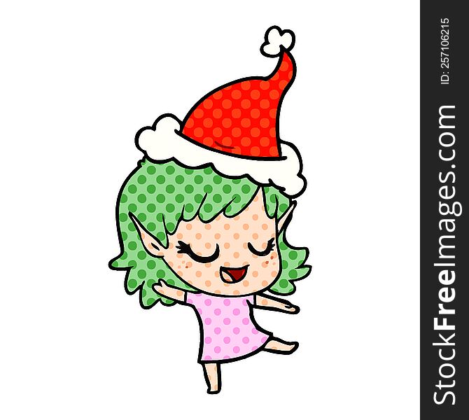 Happy Comic Book Style Illustration Of A Elf Girl Wearing Santa Hat