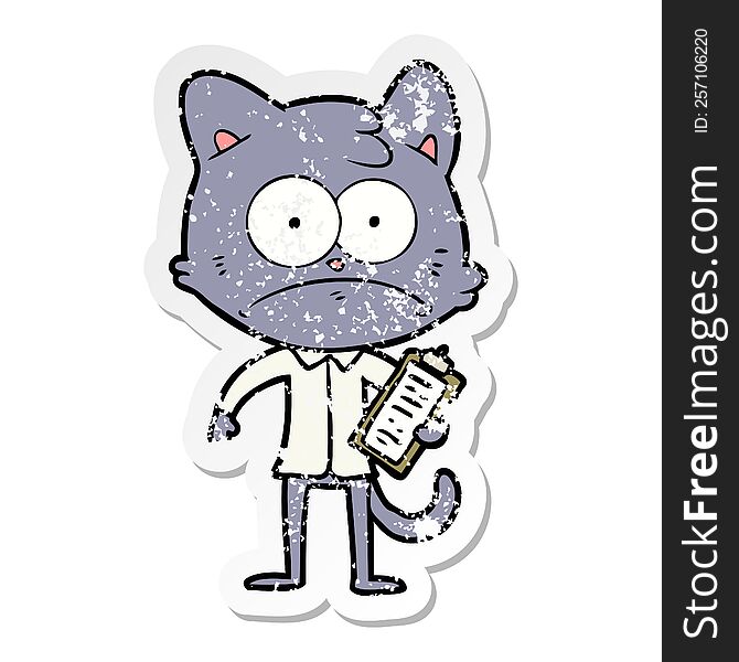 Distressed Sticker Of A Cartoon Cat With Clipboard