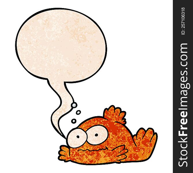 funny cartoon goldfish with speech bubble in retro texture style