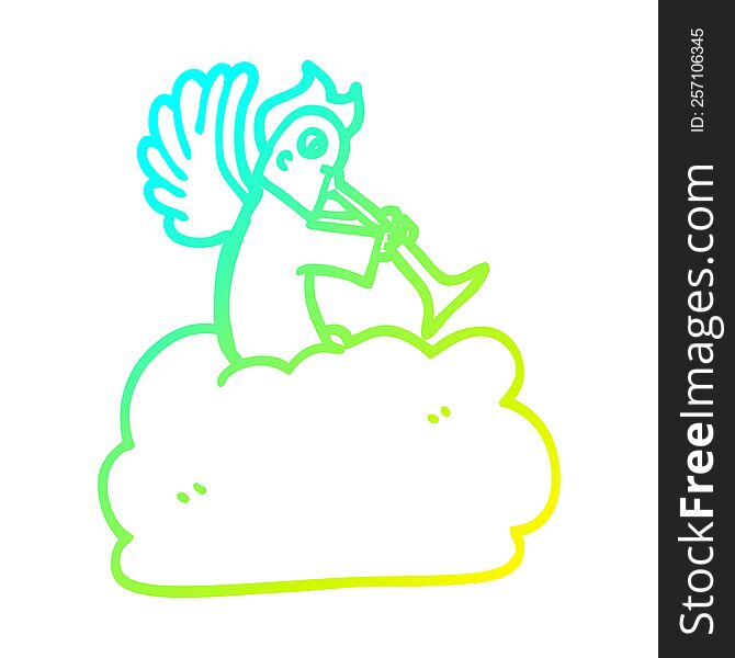 cold gradient line drawing cartoon angel on cloud with trumpet