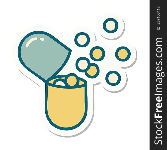 sticker of a burst open medical capsule pill. sticker of a burst open medical capsule pill