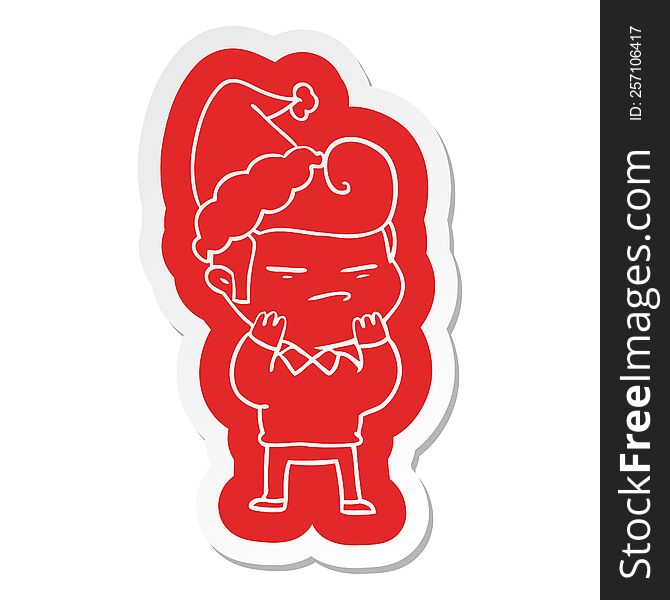 quirky cartoon  sticker of a cool guy with fashion hair cut wearing santa hat