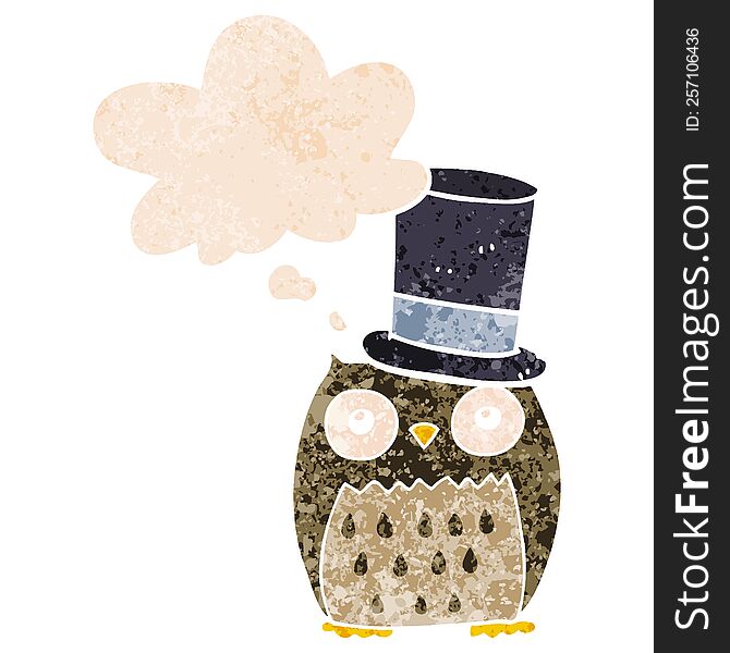 Cartoon Owl Wearing Top Hat And Thought Bubble In Retro Textured Style