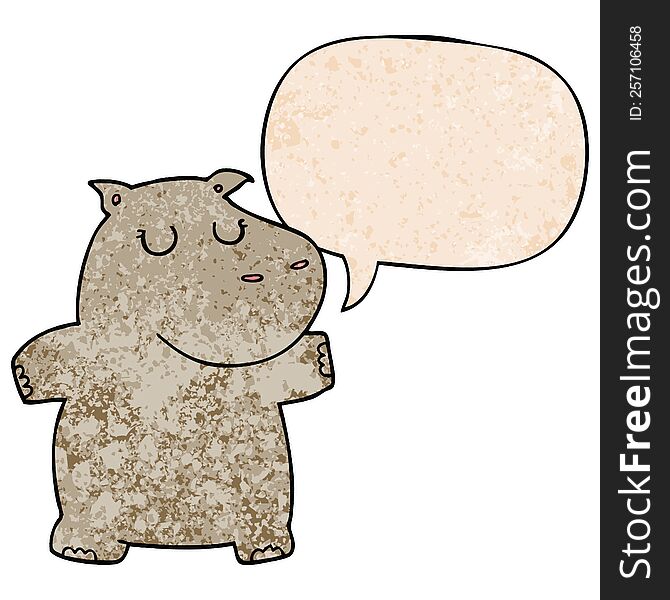 cartoon hippo with speech bubble in retro texture style