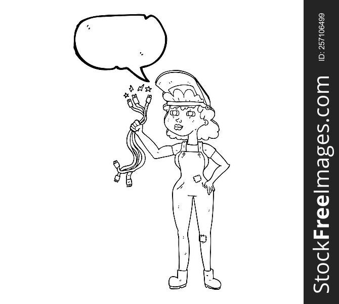 freehand drawn speech bubble cartoon electrician woman