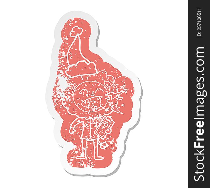 quirky cartoon distressed sticker of a roaring lion doctor wearing santa hat