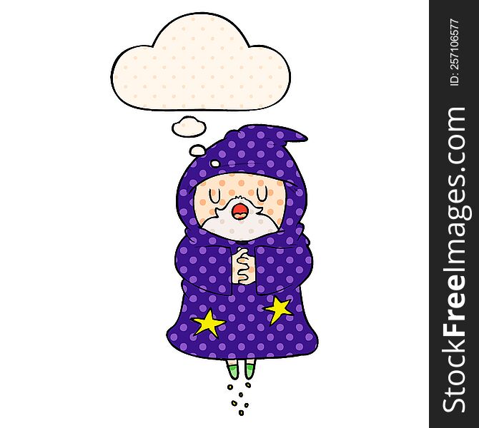 cartoon floating wizard with thought bubble in comic book style