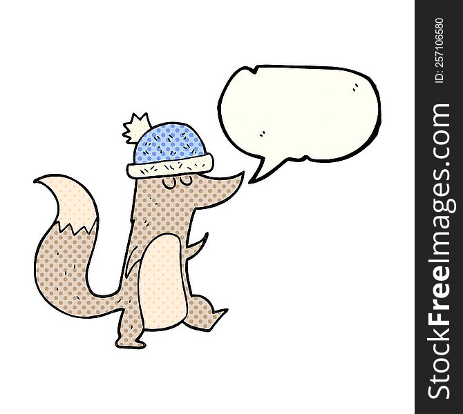 Comic Book Speech Bubble Cartoon Little Wolf Wearing Hat
