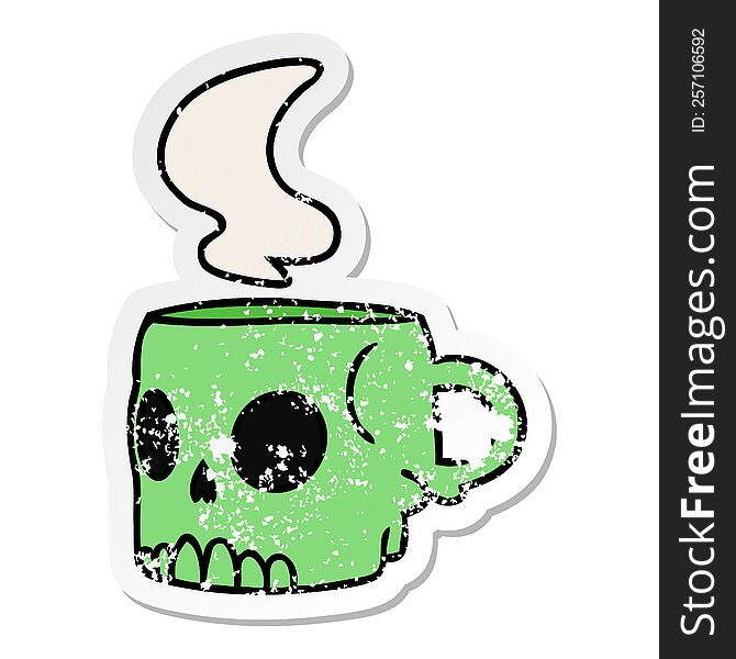 Distressed Sticker Cartoon Doodle Of A Skull Mug