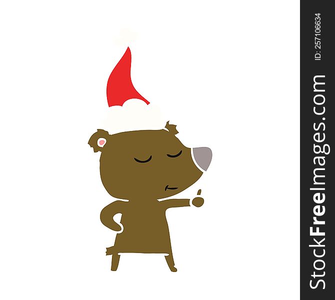 happy hand drawn flat color illustration of a bear giving thumbs up wearing santa hat