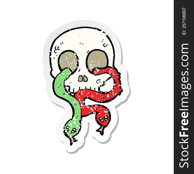 Retro Distressed Sticker Of A Cartoon Skull With Snakes