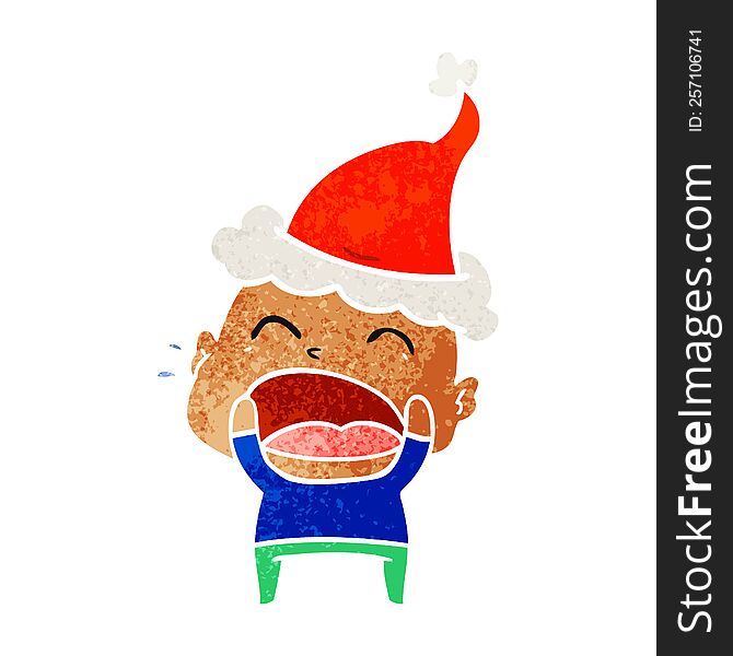 hand drawn retro cartoon of a shouting bald man wearing santa hat