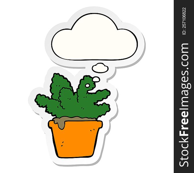 cartoon house plant with thought bubble as a printed sticker