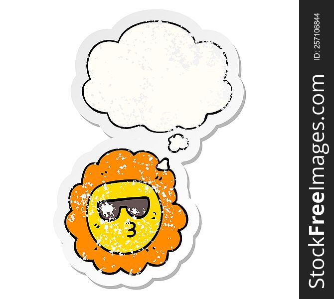 cartoon sunflower with thought bubble as a distressed worn sticker