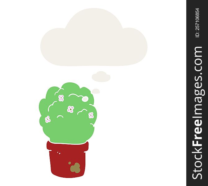 cartoon shrub with thought bubble in retro style