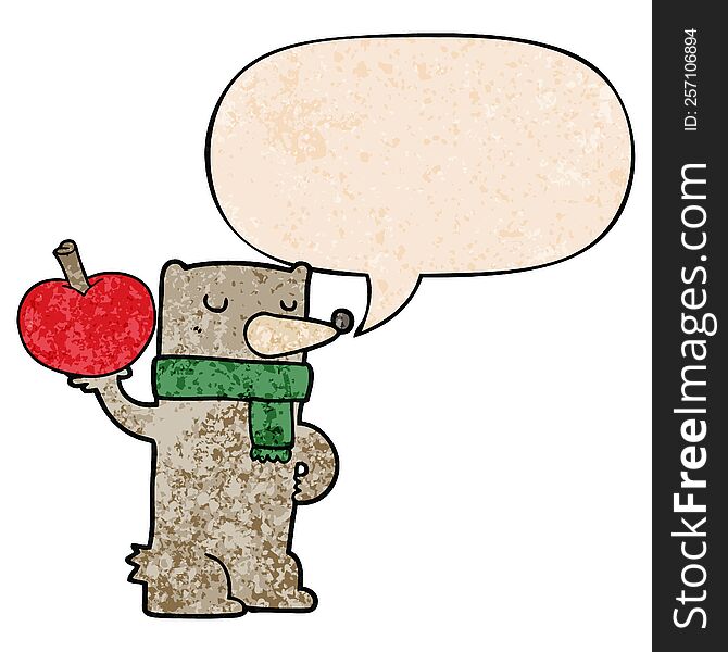 Cartoon Bear And Apple And Speech Bubble In Retro Texture Style