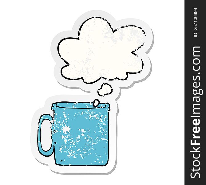 cartoon camping cup of coffee and thought bubble as a distressed worn sticker